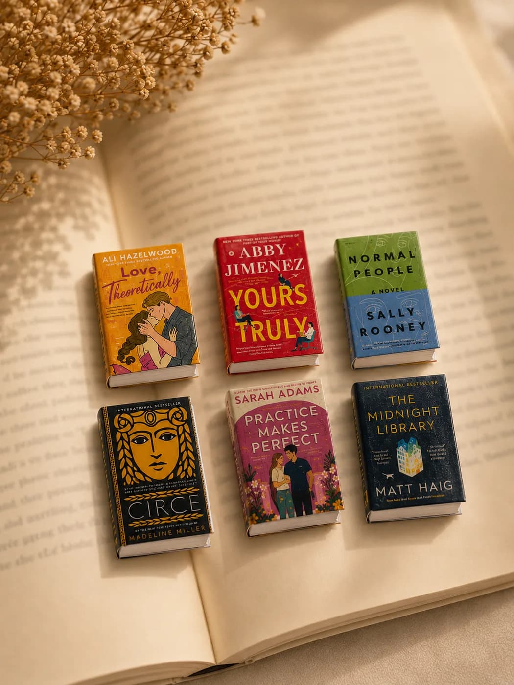 Six miniature novels arranged face-up on the pages of an open book, covers fully readable