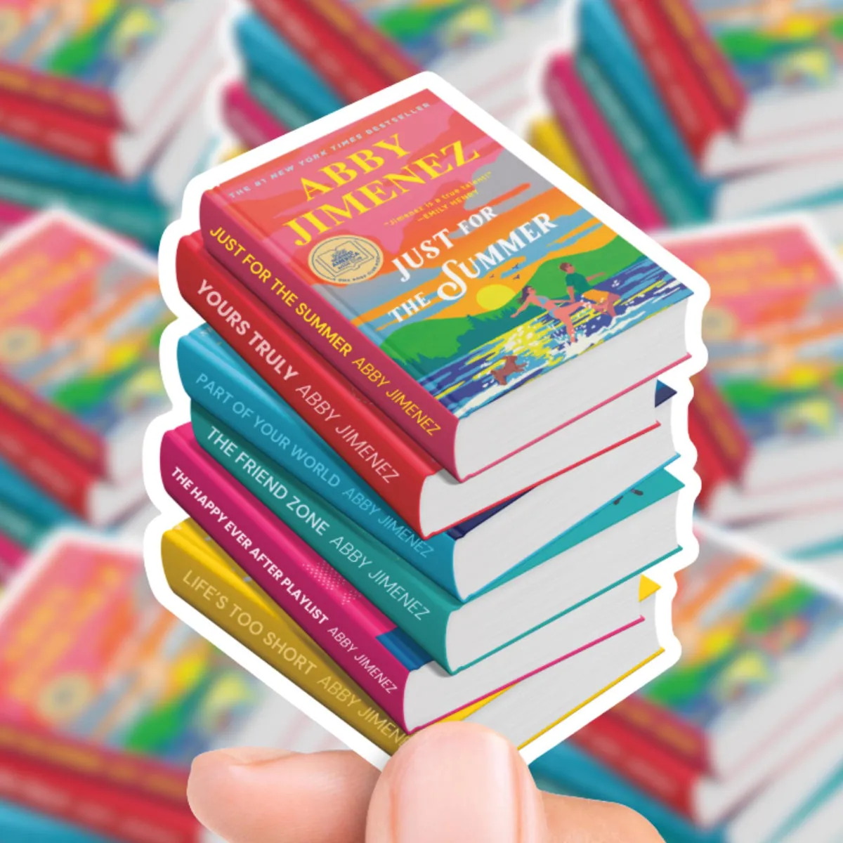 Abby Jimenez Inspired Book Stack Sticker shown flat, every spine in the stack readable