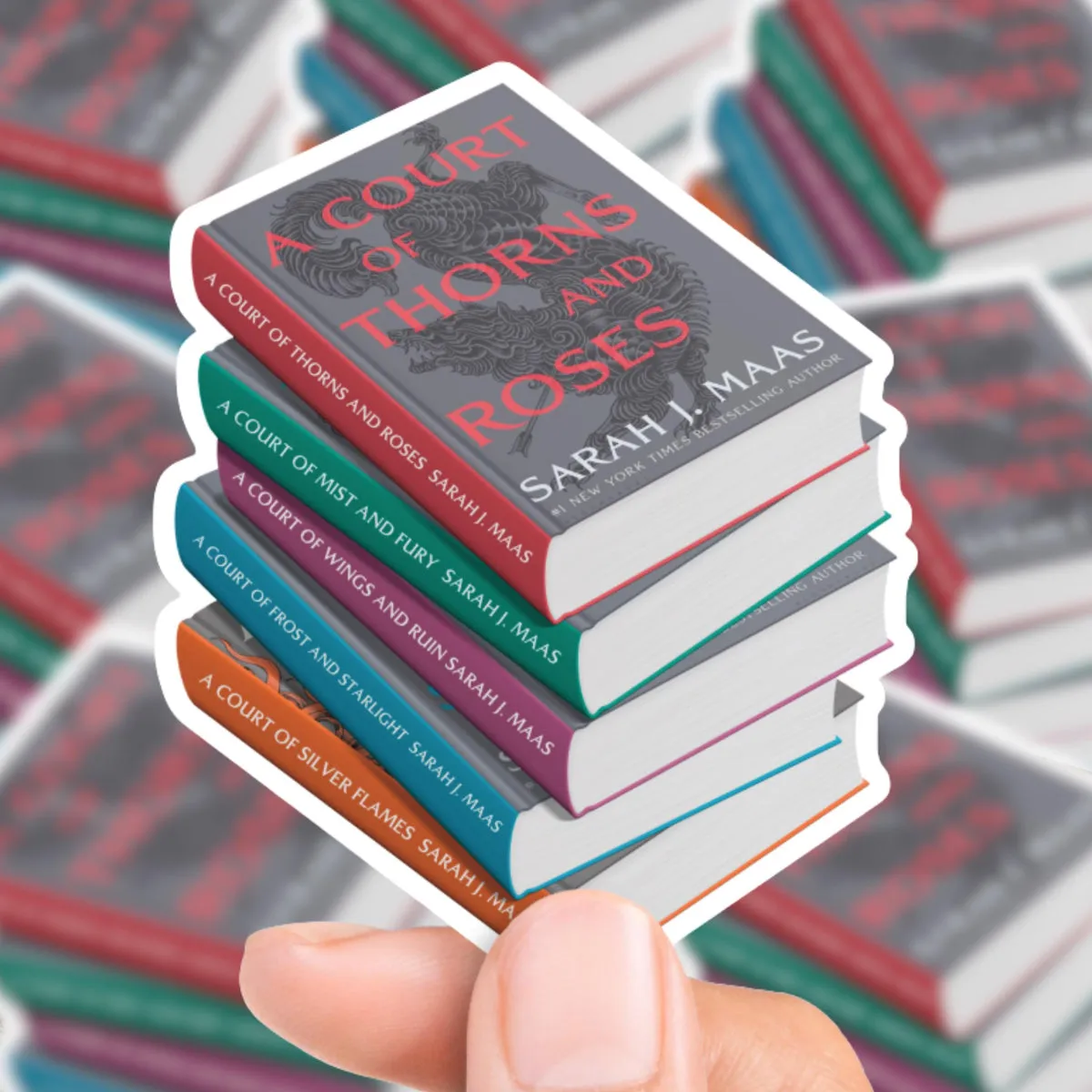 ACOTAR Book Stack Sticker shown flat, every spine in the stack readable