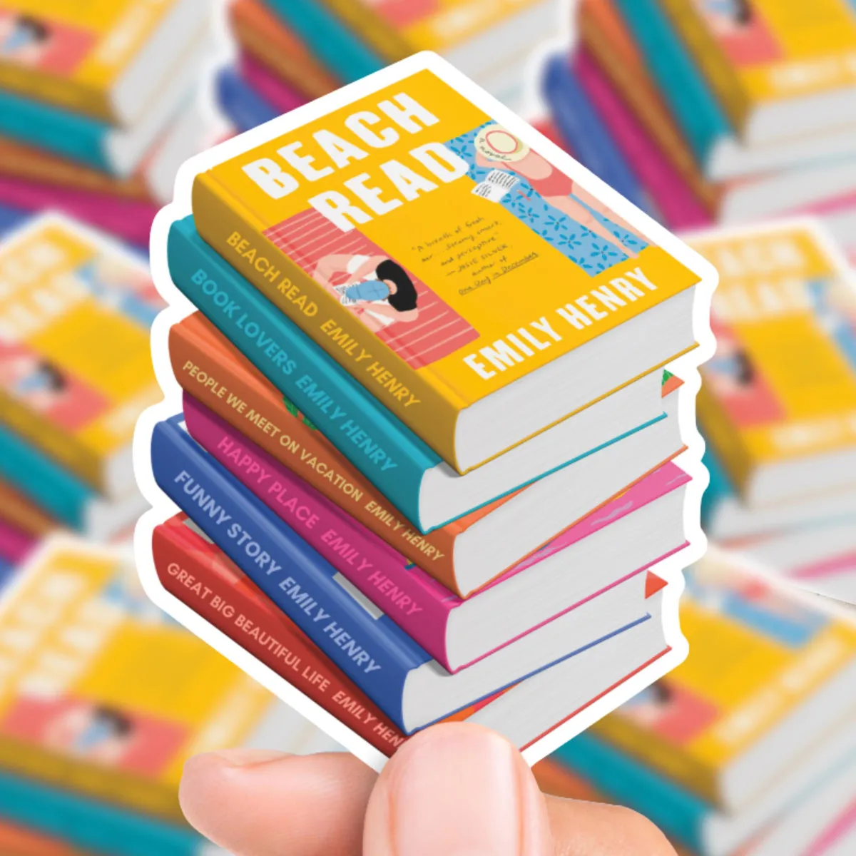 Emily Henry Inspired Book Stack Sticker shown flat, every spine in the stack readable