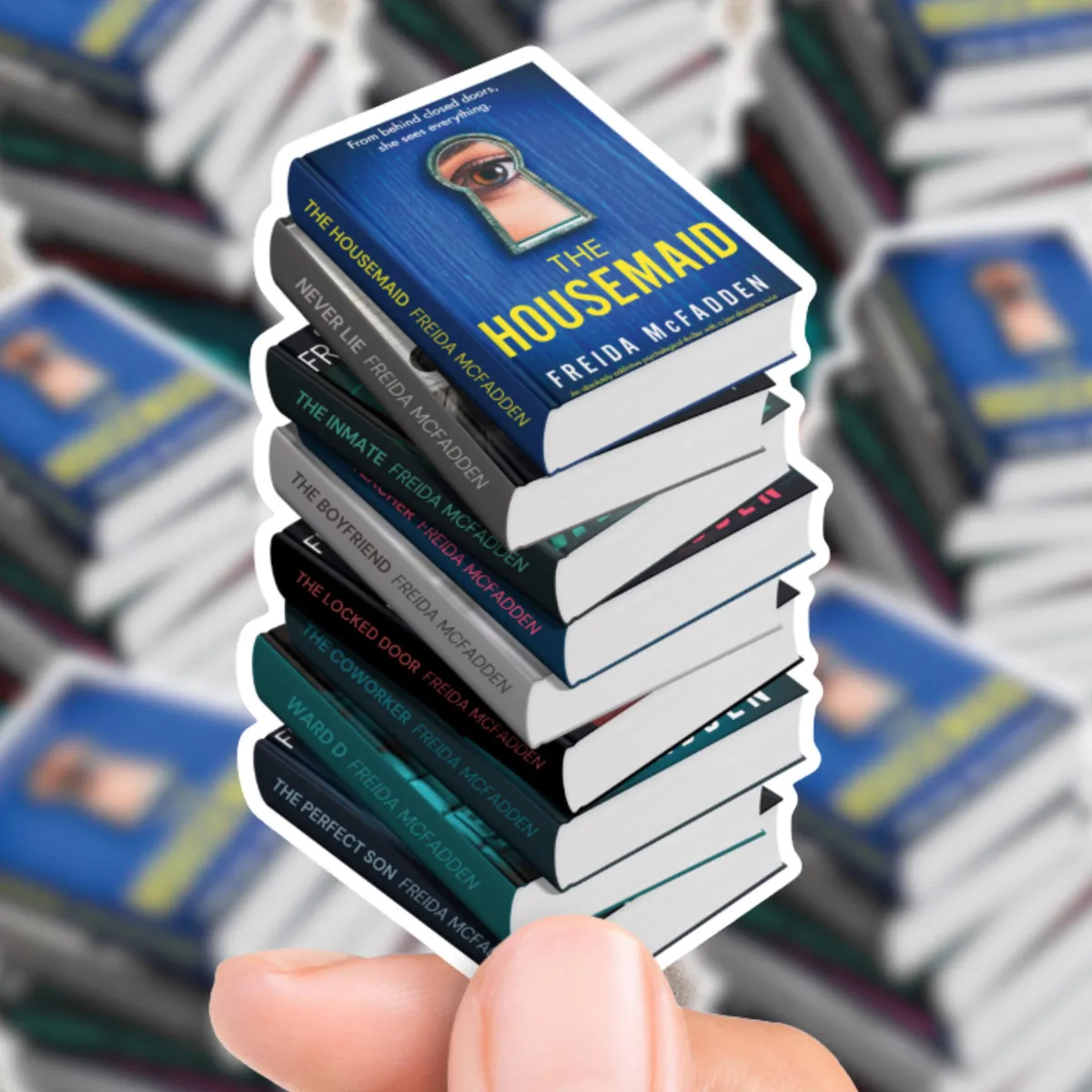 Freida McFadden Book Stack Sticker shown flat, every spine in the stack readable