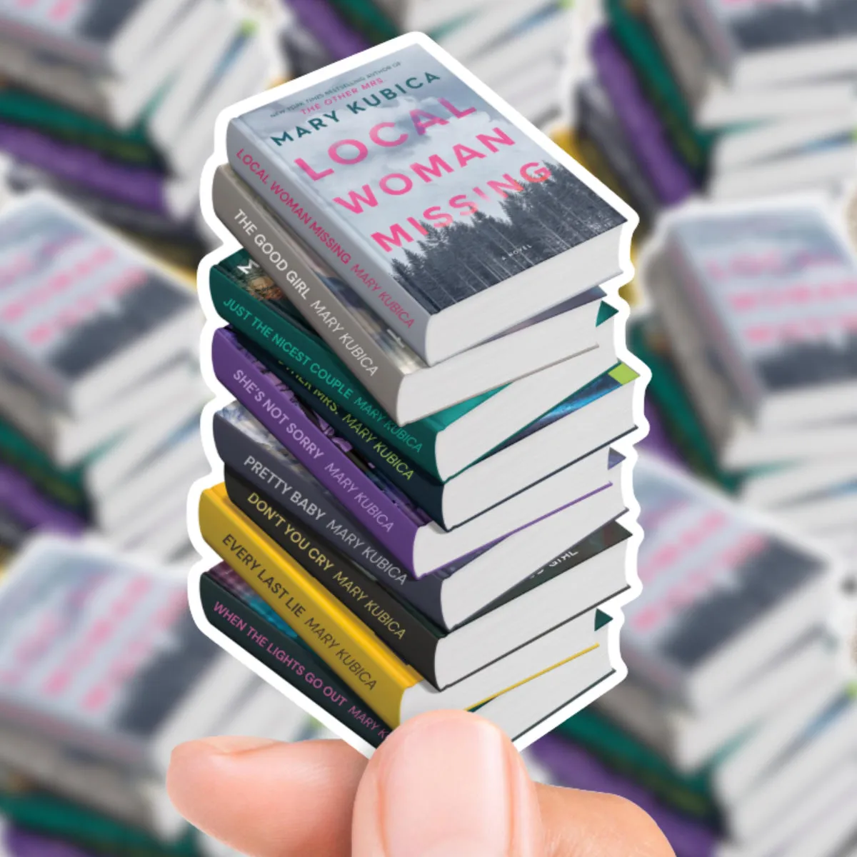 Mary Kubica Book Stack Sticker shown flat, every spine in the stack readable